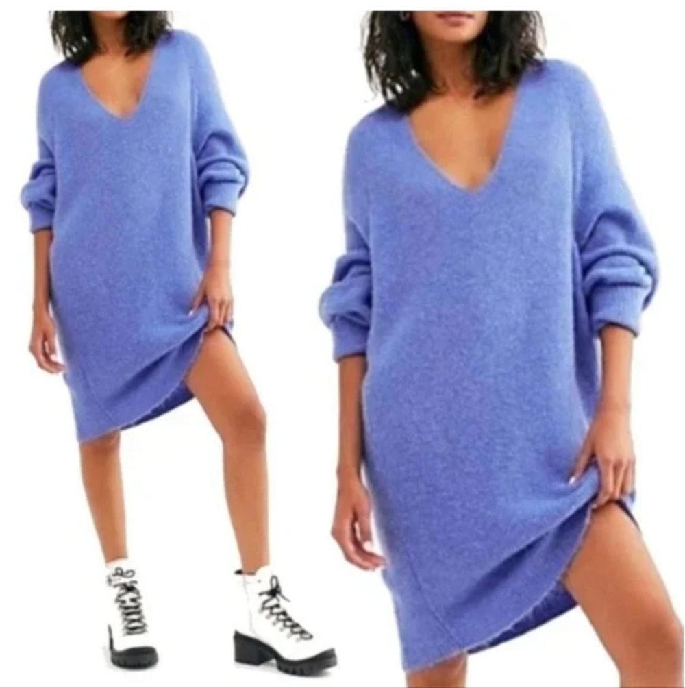 Free People Periwinkle XS Longline Tunic Sweater Top V Neck Oversized Slouchy